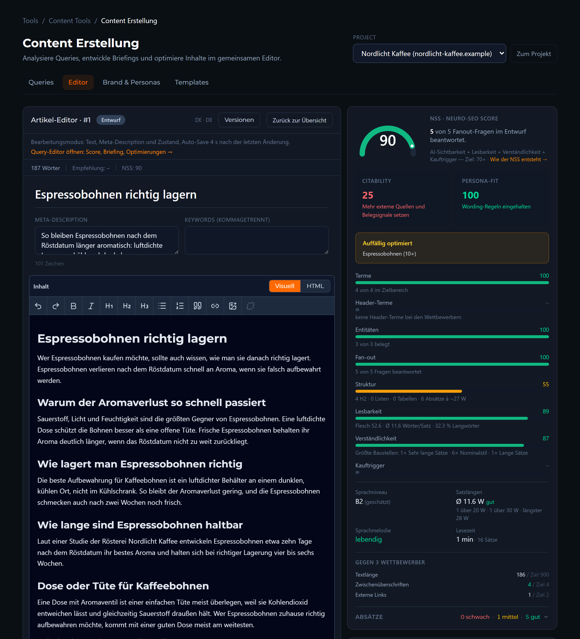 AI Articles with NSS Score in Visibly AI: example view with the demo brand Nordlicht Kaffee