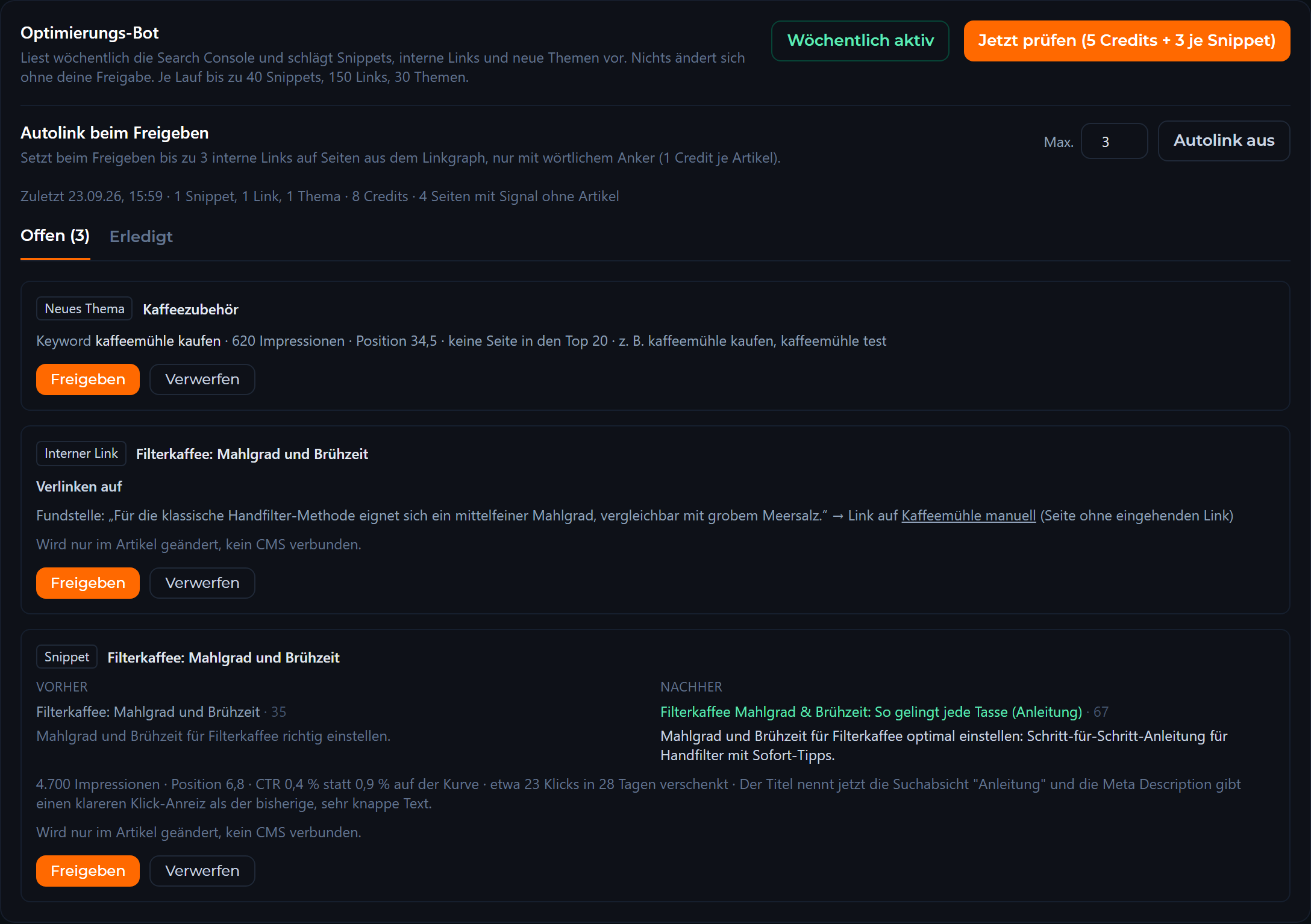 Optimizer Bot in Visibly AI: example view with the demo brand Nordlicht Kaffee