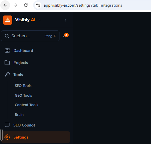 Visibly AI: Settings in der linken Navigation