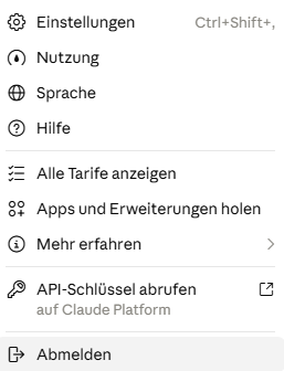 Claude: Profilmenü mit dem Eintrag Einstellungen