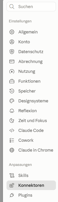 Claude: Einstellungen mit dem Eintrag Konnektoren