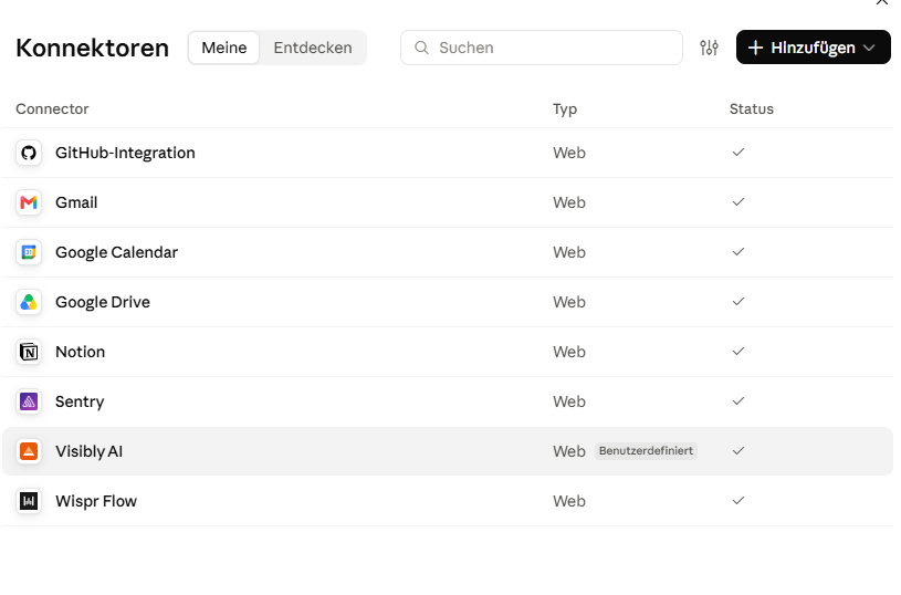 Claude: Connector-Liste mit Visibly AI als benutzerdefiniertem Connector