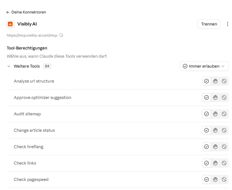 Claude: Tool-Berechtigungen des Visibly-AI-Connectors