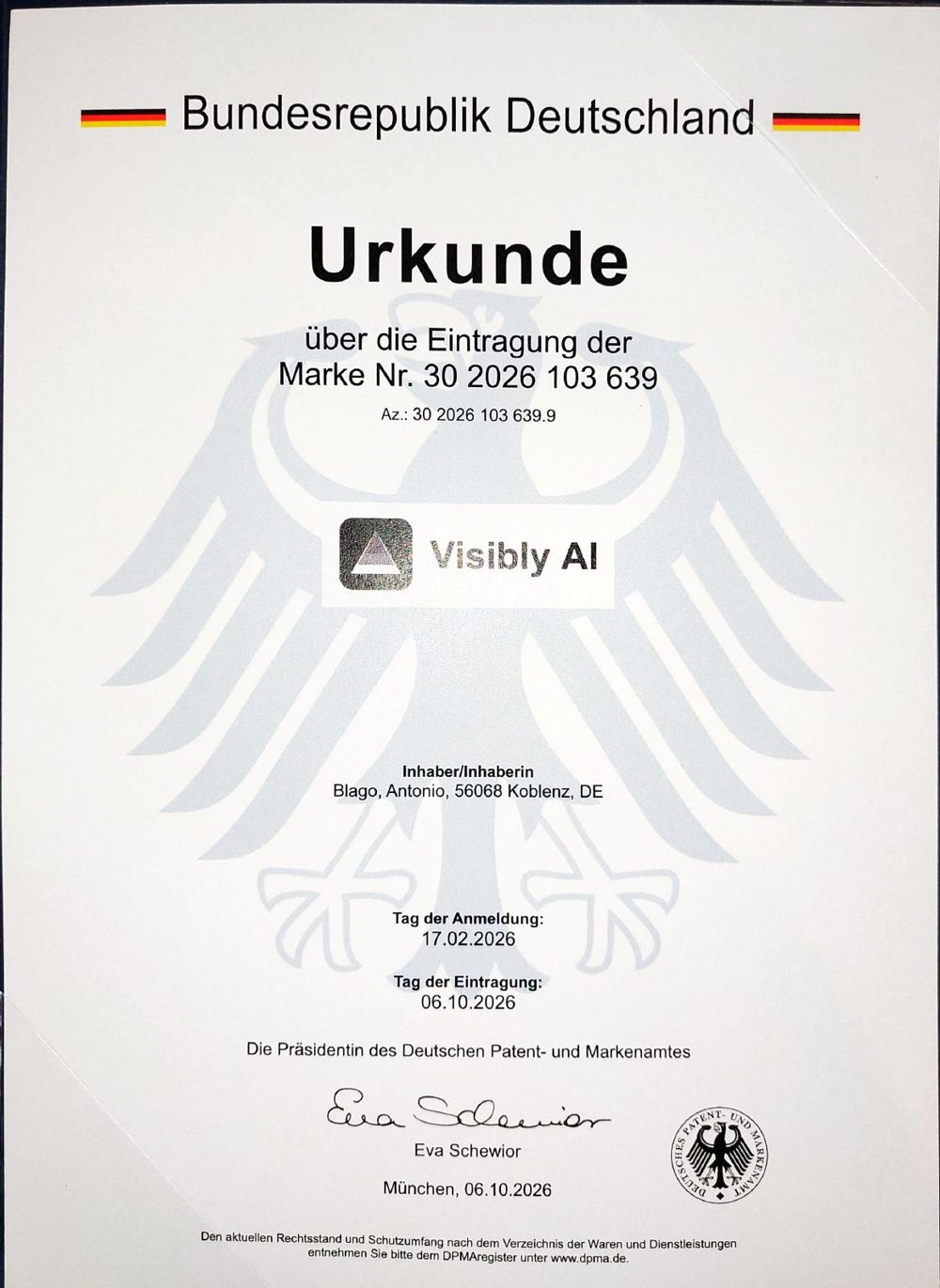 Urkunde des Deutschen Patent- und Markenamts über die Eintragung der Marke Nr. 30 2026 103 639 Visibly AI